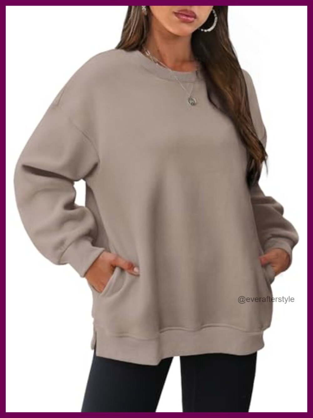 Oversized Crewneck Fleece Sweatshirt Side Slits Hidden Pockets Loose Fit
